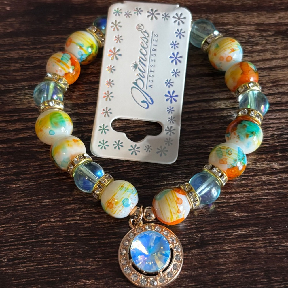 Beaded Stretch Bracelet Multi Color Splatter Rhinestone Blue